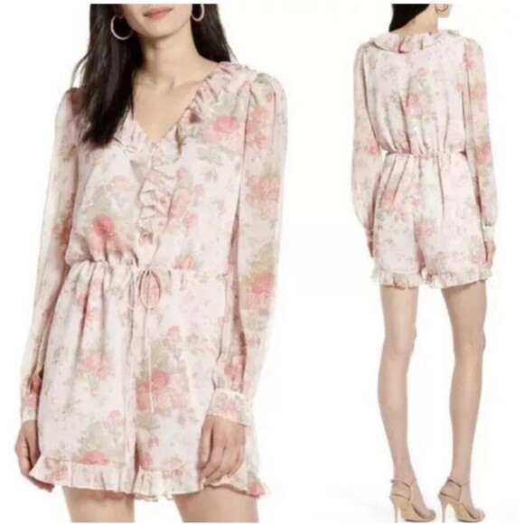 Rachel Parcell $129 Women’s Pink Floral Boho Ruffle Long Sleeve Romper Sz XS - Picture 3 of 11